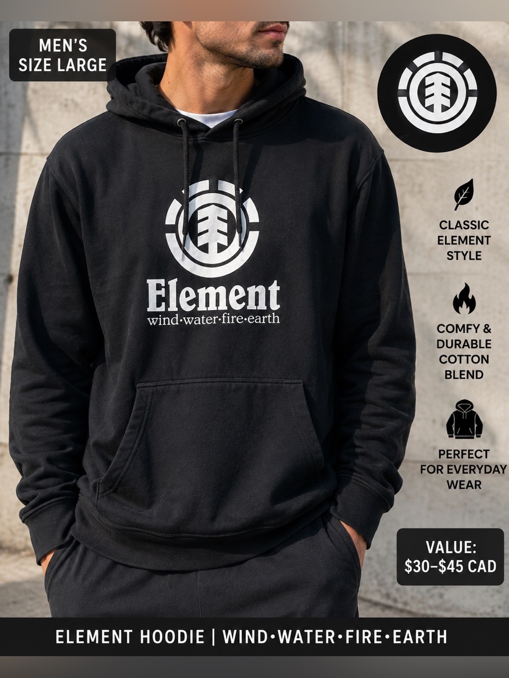 🖤 Element | Men’s Black Hoodie | Size XL | Classic Logo